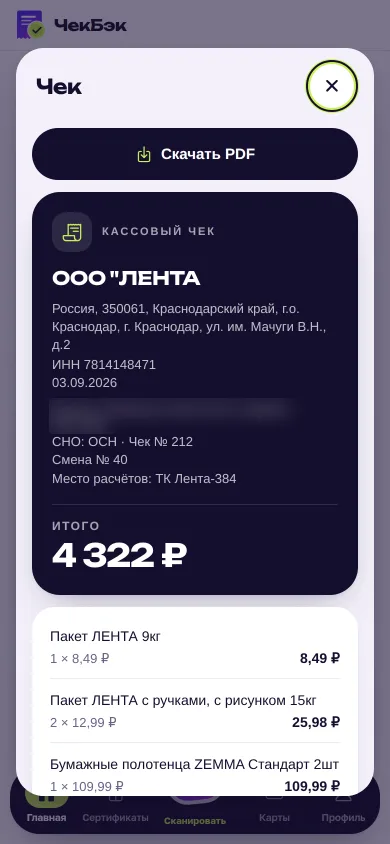Детали чека из ФНС: магазин, ИНН, позиции, итог и выгрузка в PDF