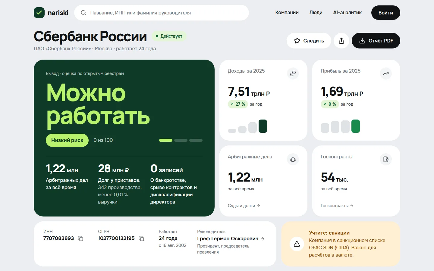 Главная: поиск компании по названию, ИНН или руководителю и пример вывода по Сбербанку